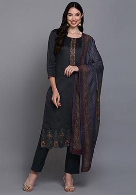 Grey Embroidered Pure Cotton Kurta Set