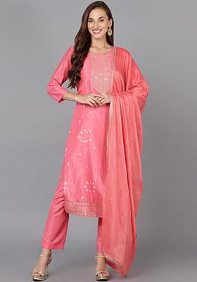 Pink Printed Silk Blend Kurta Set