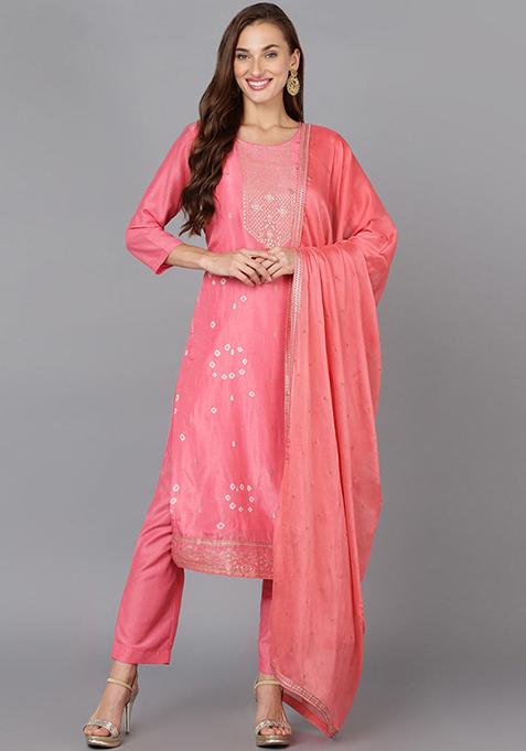 Pink Printed Silk Blend Kurta Set