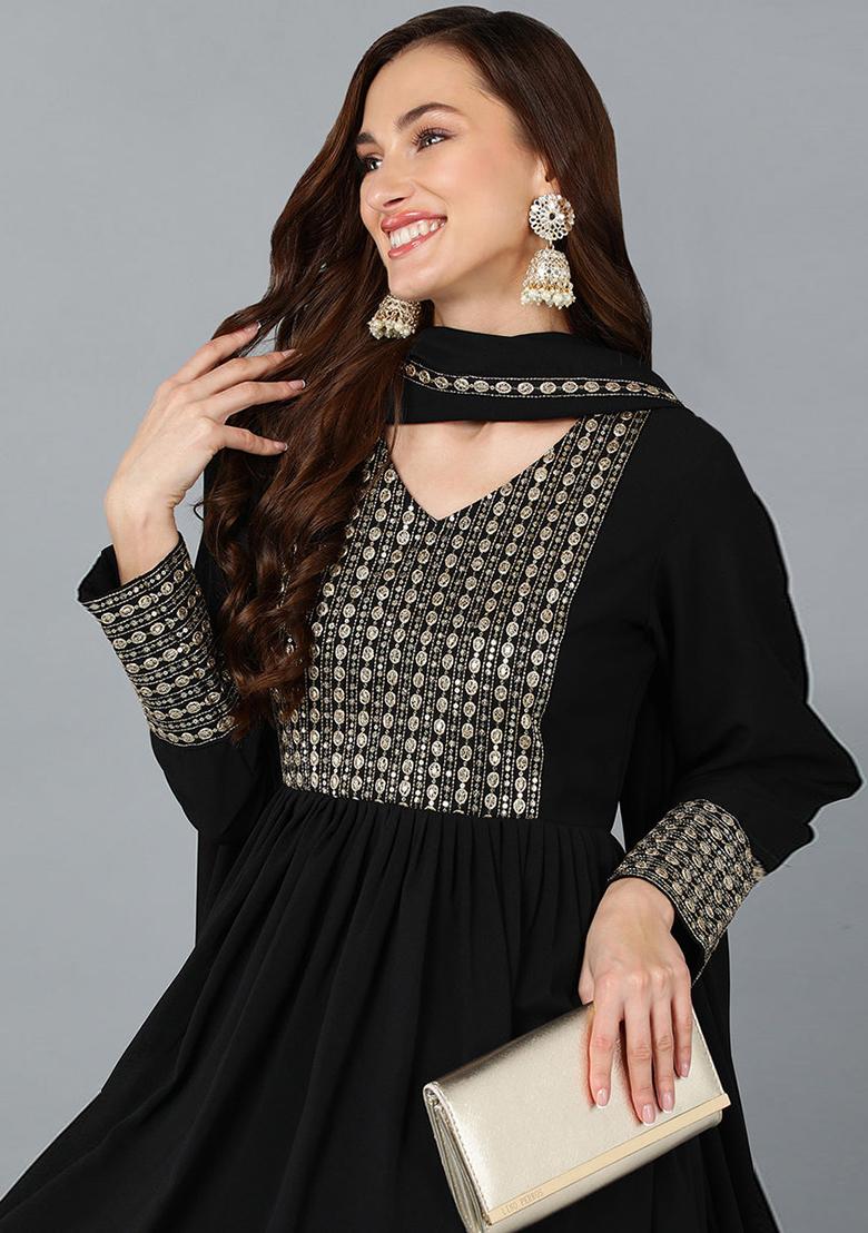Black Sequin Embroidered Georgette Kurta Set