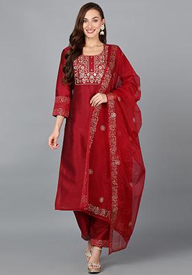 Maroon Yoke Design Silk Blend Kurta Set