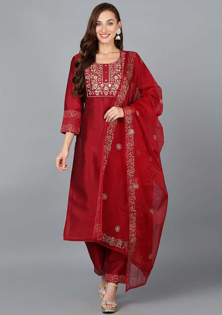Maroon Embroidered Silk Blend Straight Kurta Set - Indya