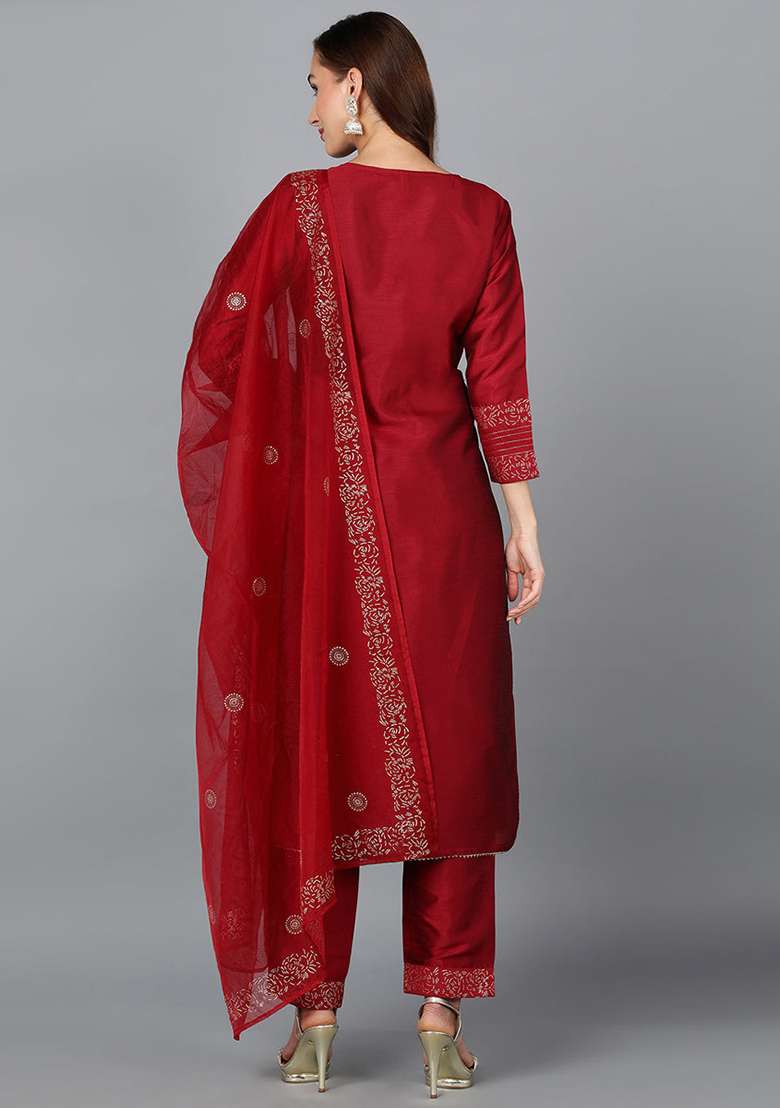 Maroon Embroidered Silk Blend Straight Kurta Set - Indya
