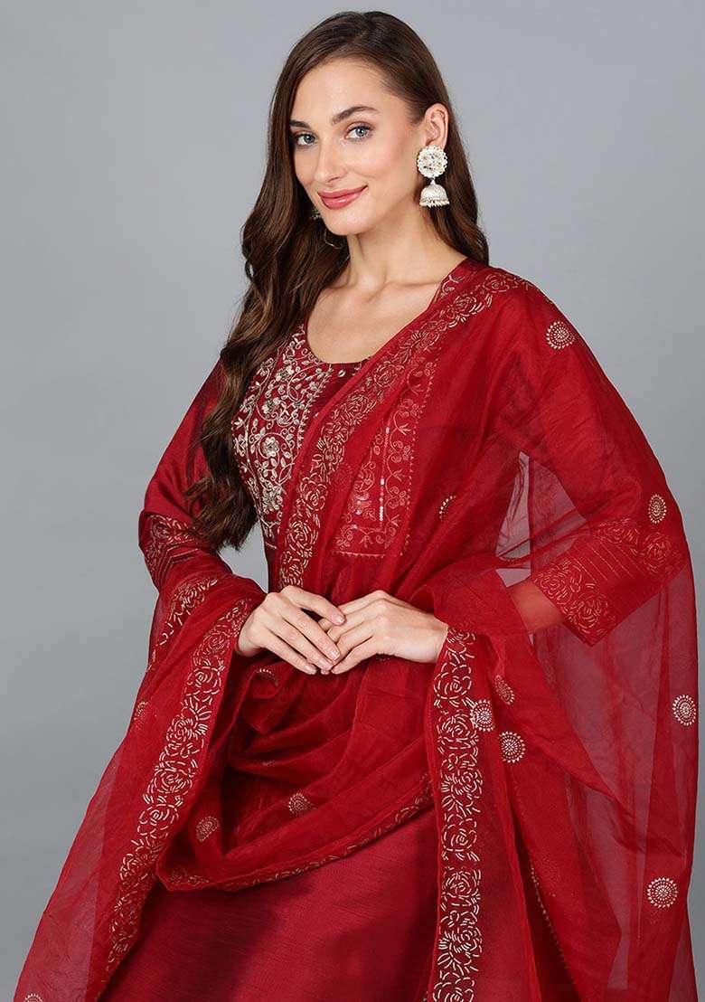 Maroon Embroidered Silk Blend Straight Kurta Set - Indya