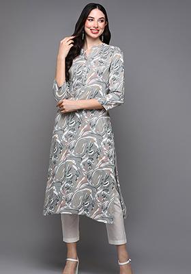 Grey Printed Viscose Rayon Kurta