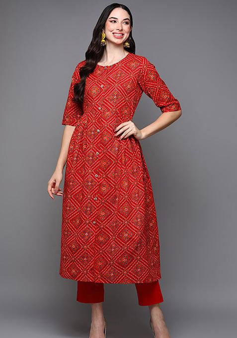 Red Printed Cotton Kurta