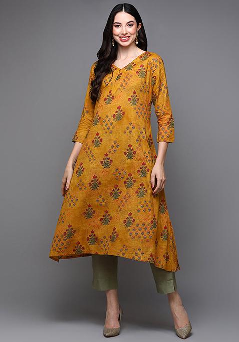 Mustard Printed Cotton Kurta