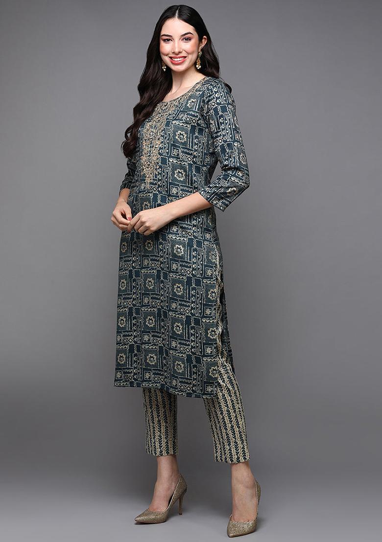 Blue Printed Silk Blend Kurta