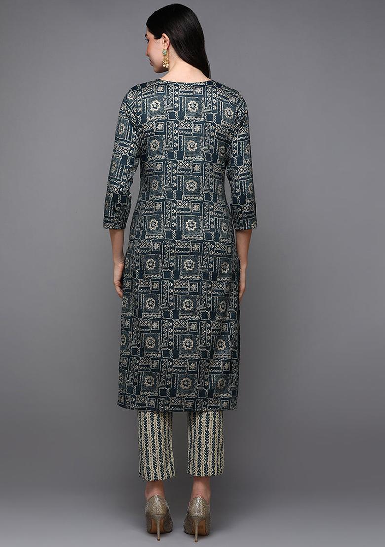 Blue Printed Silk Blend Kurta