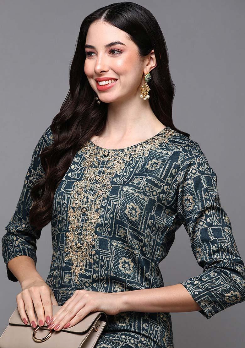 Blue Printed Silk Blend Kurta