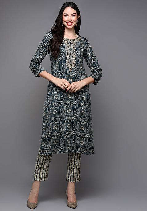 Blue Printed Silk Blend Kurta