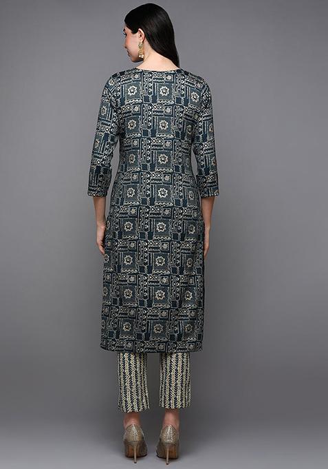 Blue Printed Silk Blend Kurta