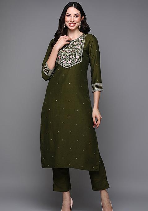 Olive Printed Silk Blend Kurta