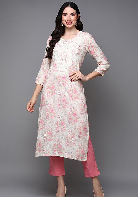 Off White Printed Cotton Blend Kurta