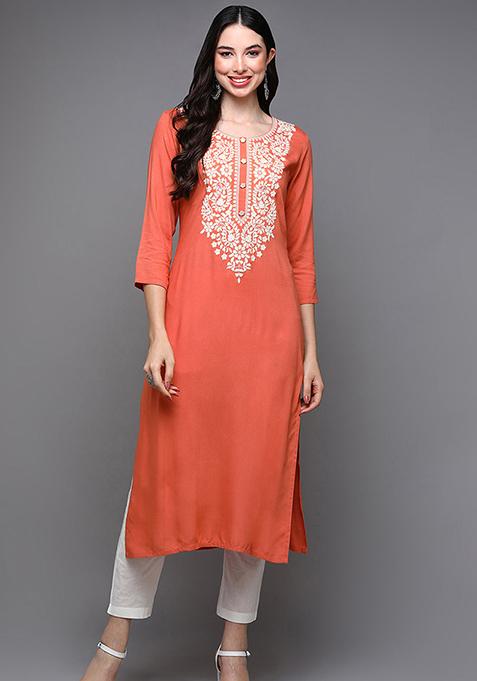 Orange Printed Viscose Rayon Kurta