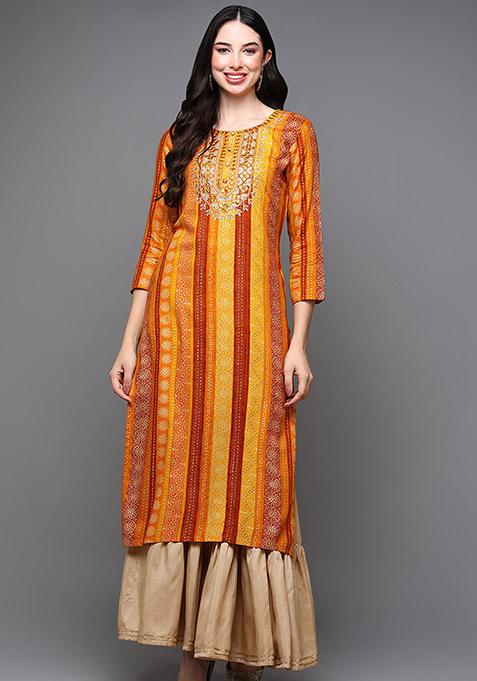 Yellow Printed Viscose Rayon Kurta