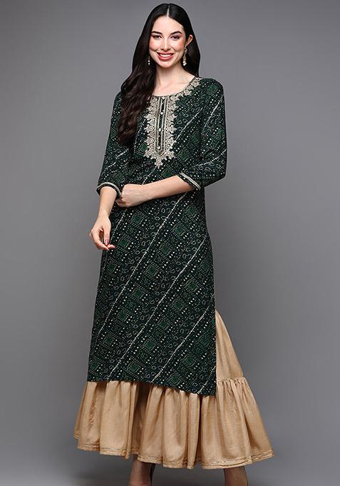 Green Printed Viscose Rayon Kurta
