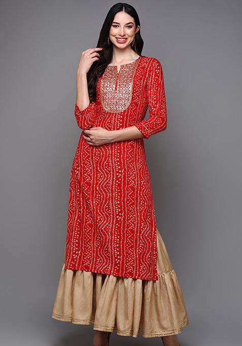 Red Printed Viscose Rayon Kurta