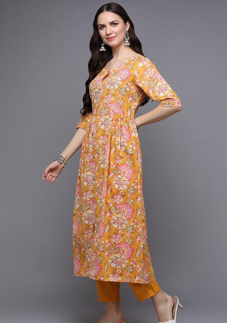 Yellow Printed Cotton Kurta