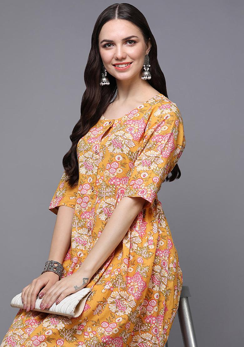 Yellow Printed Cotton Kurta