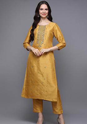 Yellow Printed Silk Blend Kurta