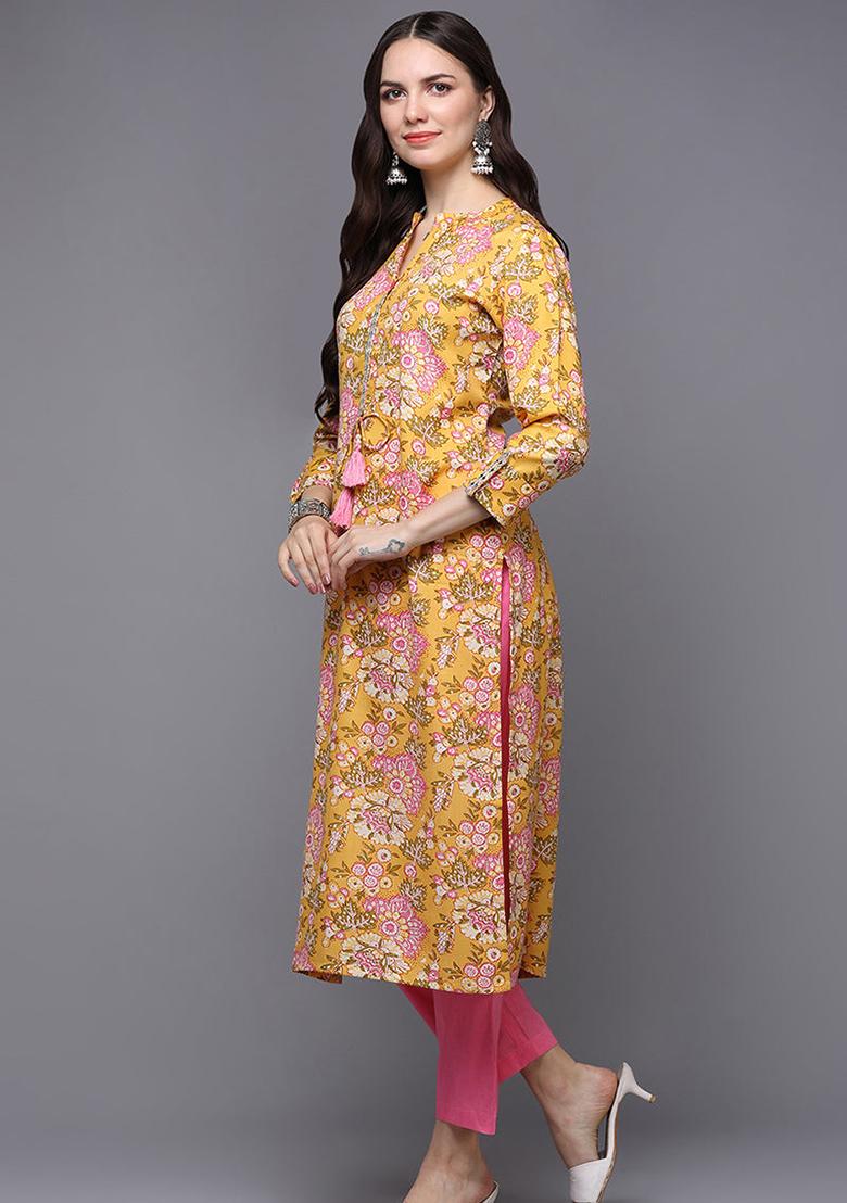 Yellow Printed Cotton Kurta