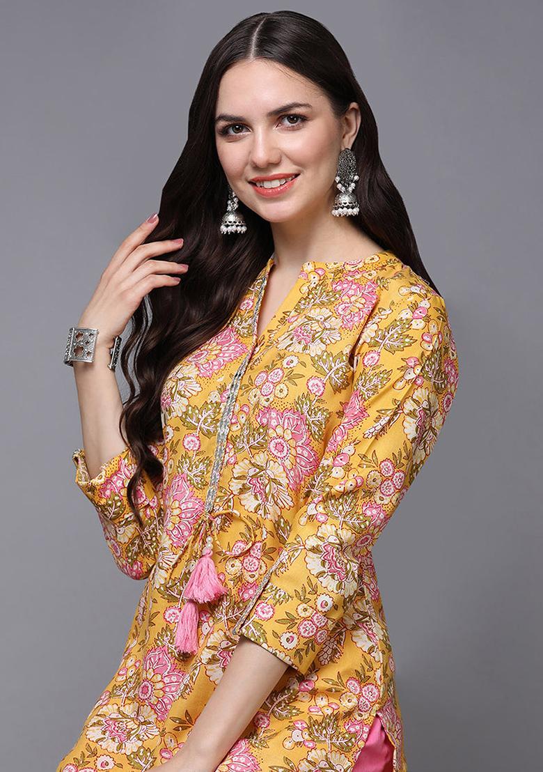 Yellow Printed Cotton Kurta
