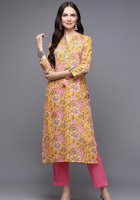 Yellow Printed Cotton Kurta