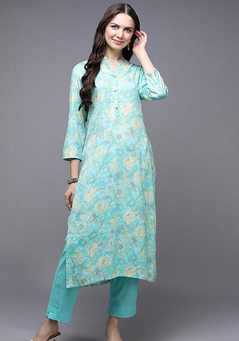 Turquoise Blue Printed Viscose Rayon Kurta