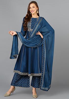 Teal Printed Silk Blend Kurta Set