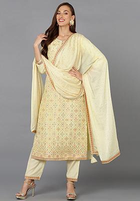 Yellow Printed Silk Blend Kurta Set