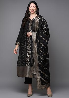 Black Zari Work Chanderi Straight Kurta Set