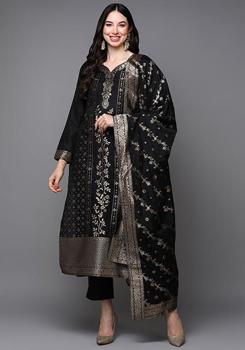 Black Printed Poly Chanderi Kurta Set