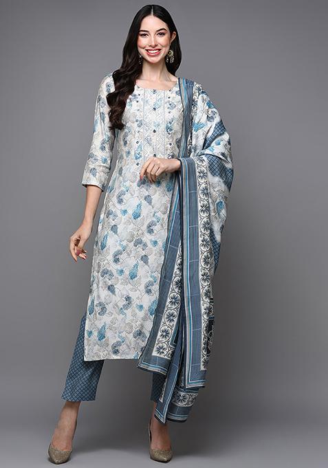 Off White Printed Poly Chanderi Kurta Set