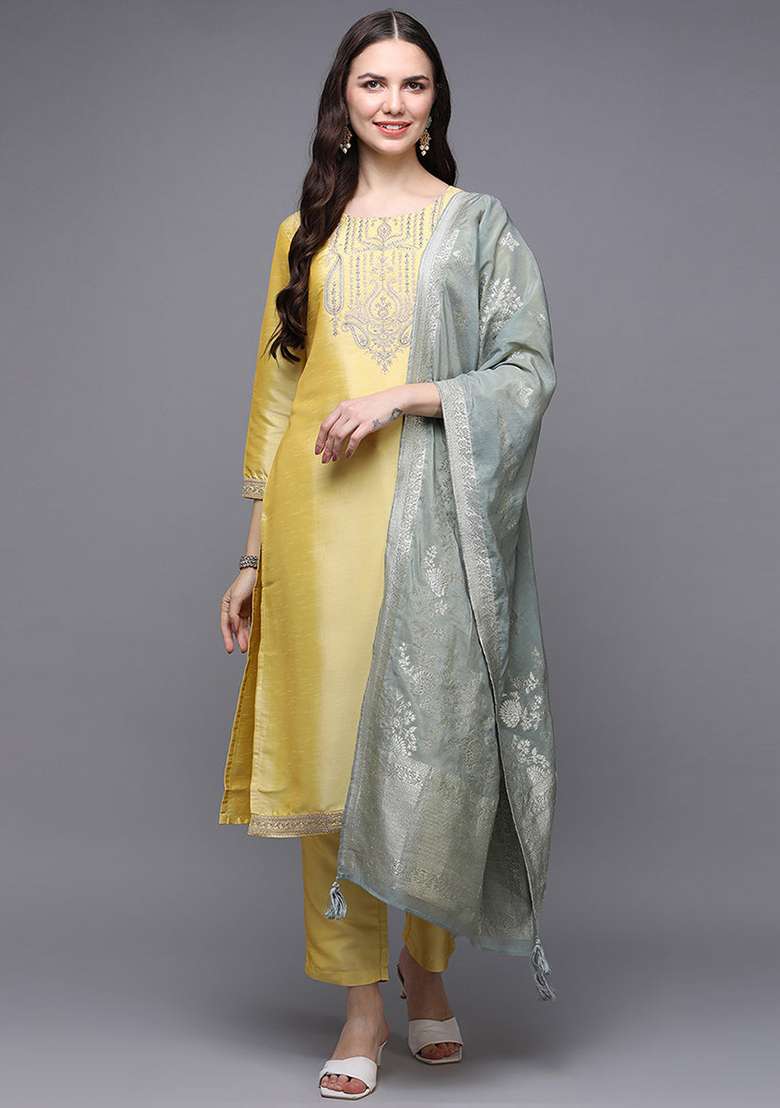 Yellow Embroidered Silk Blend Straight Kurta Set - Indya