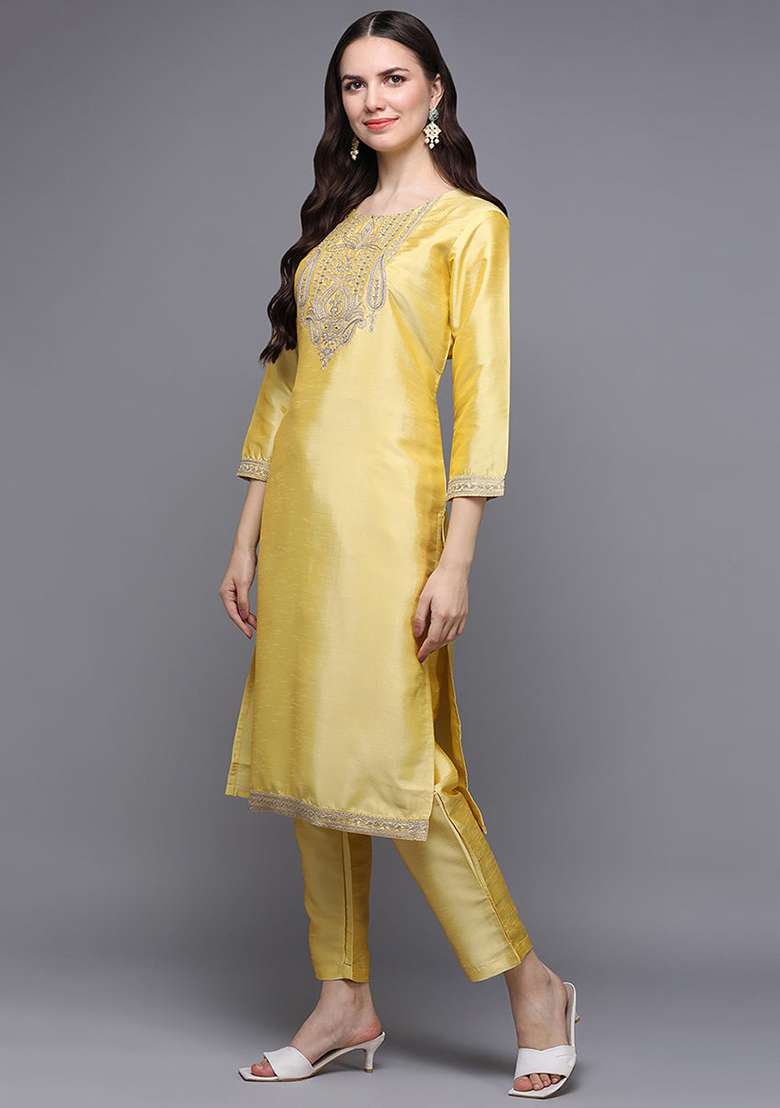 Yellow Embroidered Silk Blend Straight Kurta Set - Indya