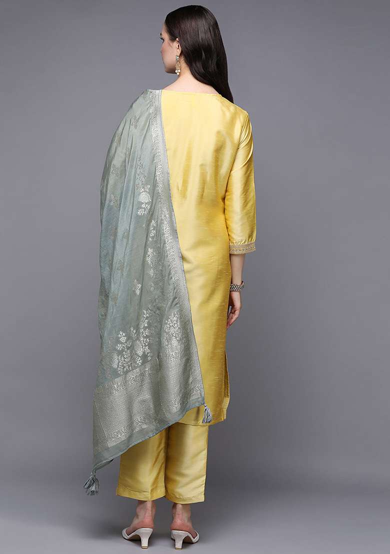 Yellow Embroidered Silk Blend Straight Kurta Set - Indya