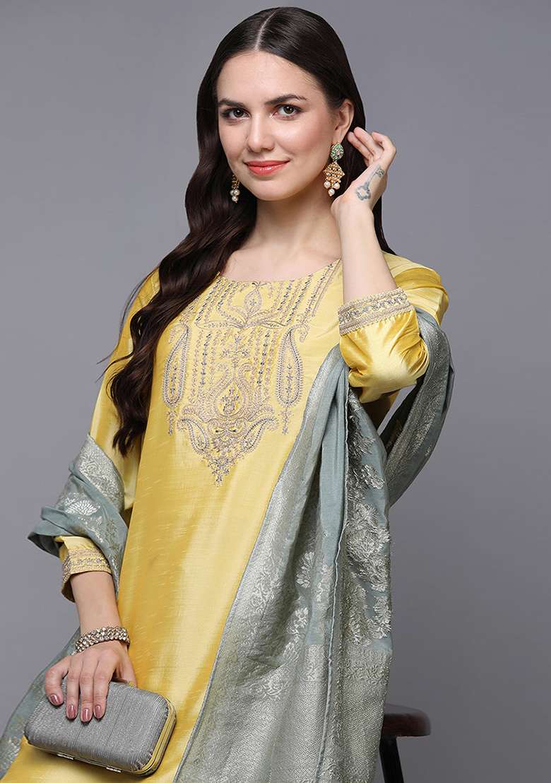 Yellow Embroidered Silk Blend Straight Kurta Set - Indya