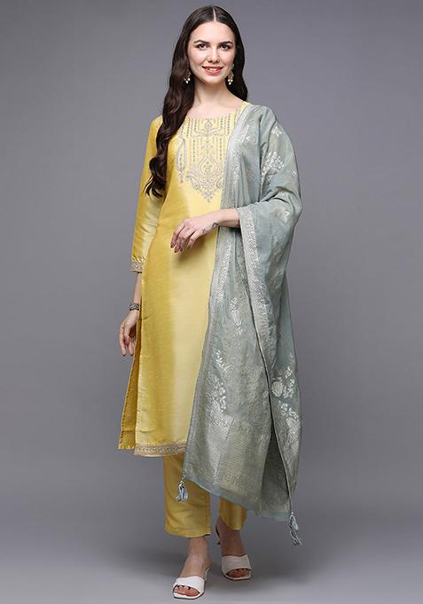 Yellow Embroidered Silk Straight Kurta Set