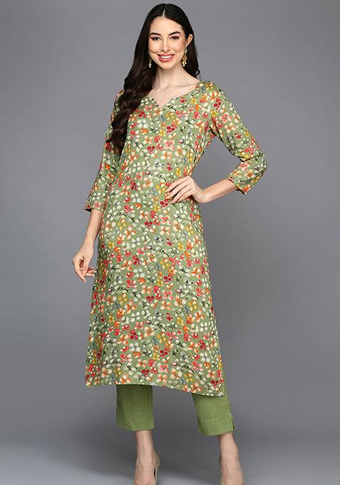 Green Printed Viscose Rayon Kurta