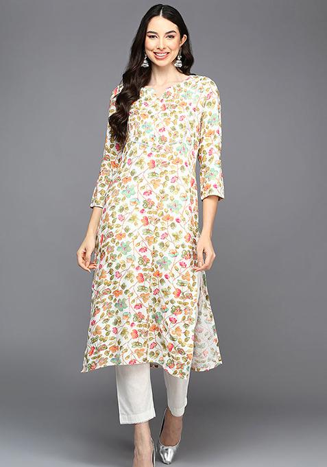 White Printed Viscose Rayon Kurta