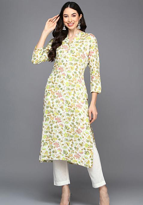 White Printed Viscose Rayon Kurta