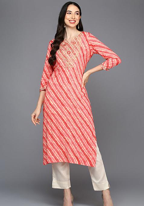 Peach Printed Viscose Rayon Kurta