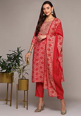 Pink Printed Silk Blend Kurta Set