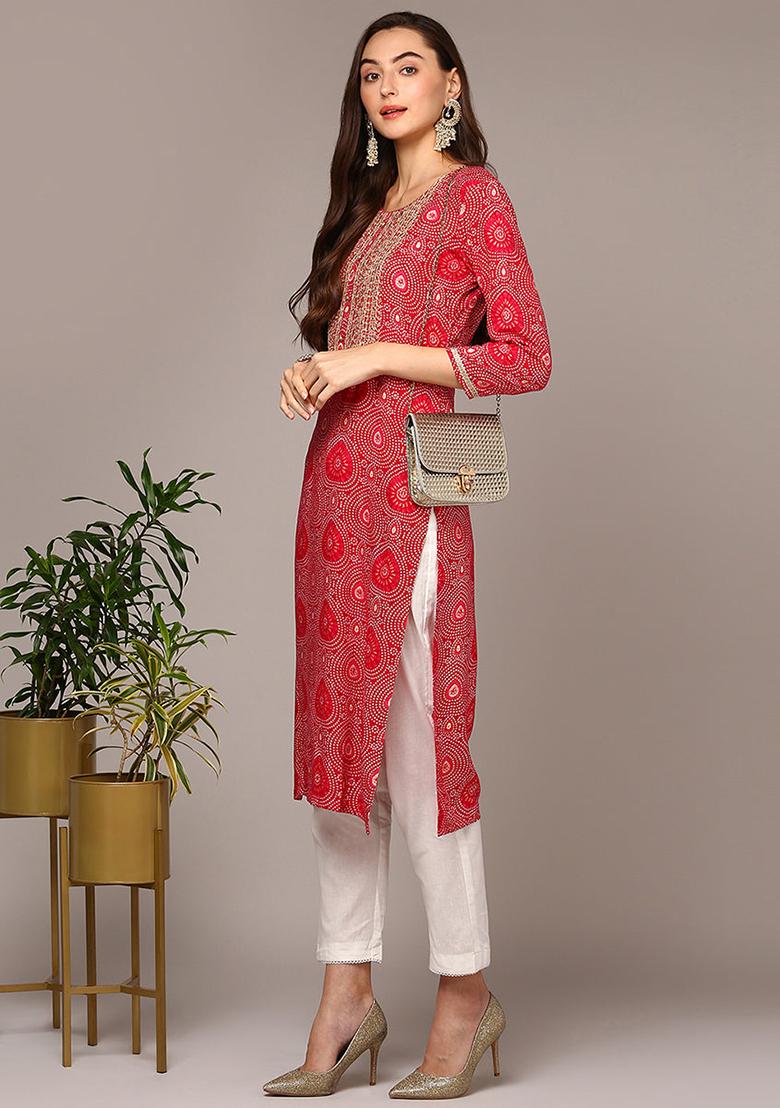 Pink Printed Viscose Rayon Kurta