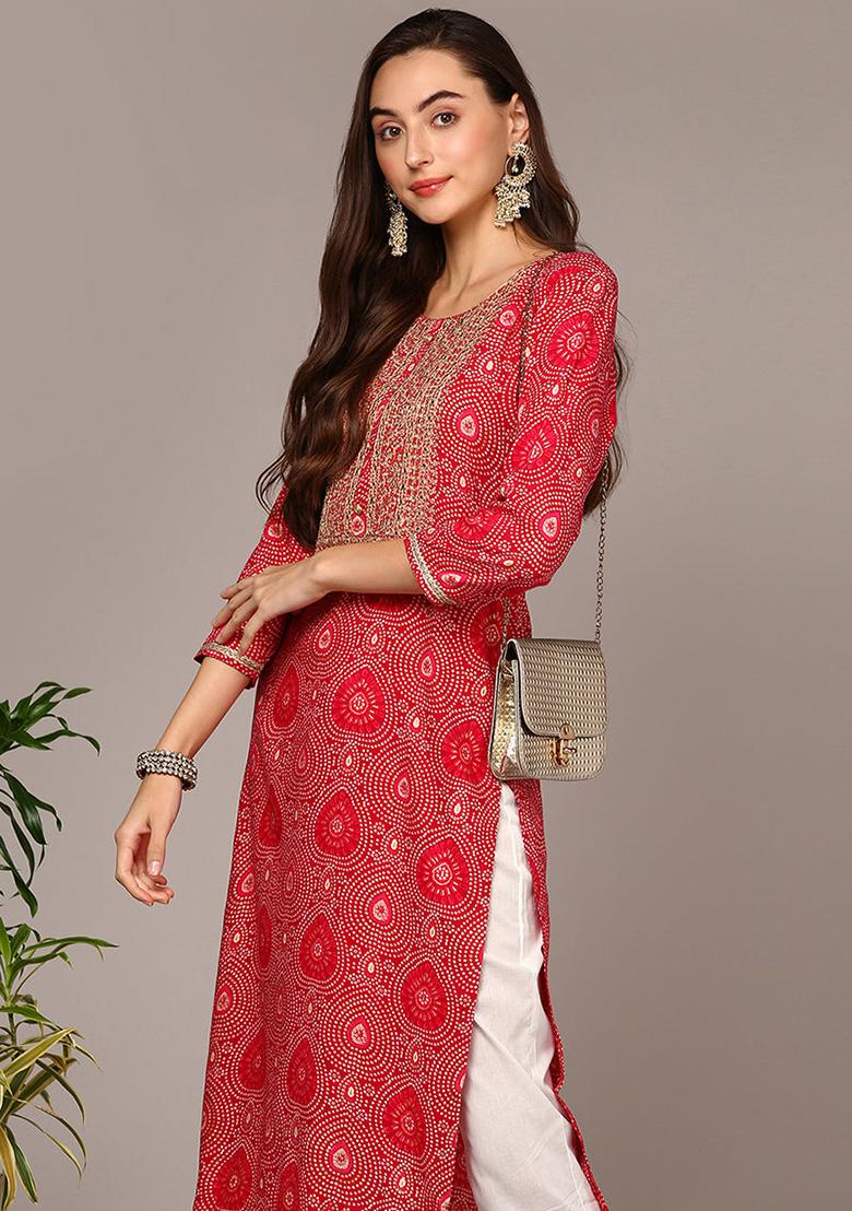 Pink Printed Viscose Rayon Kurta