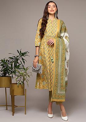 Yellow Printed Cotton A Line Kurta Set
