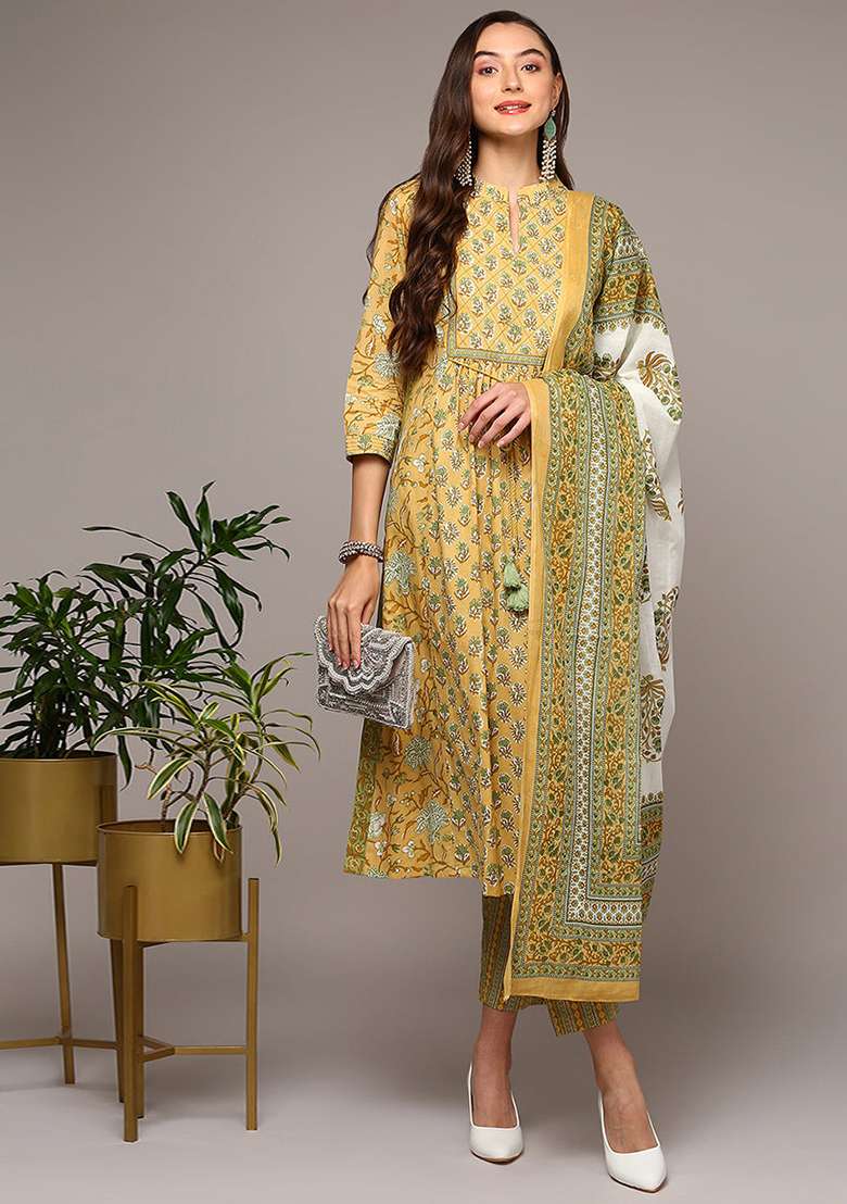 Yellow Printed Cotton A Line Kurta Set - Indya