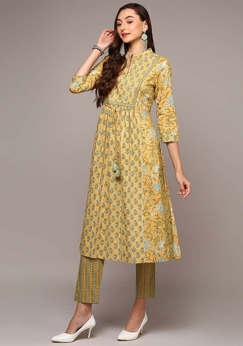 Yellow Printed Cotton A Line Kurta Set - Indya