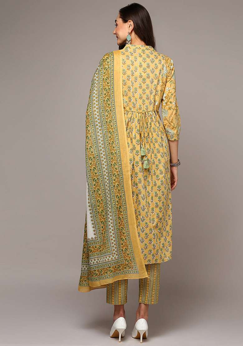 Yellow Printed Cotton A Line Kurta Set - Indya